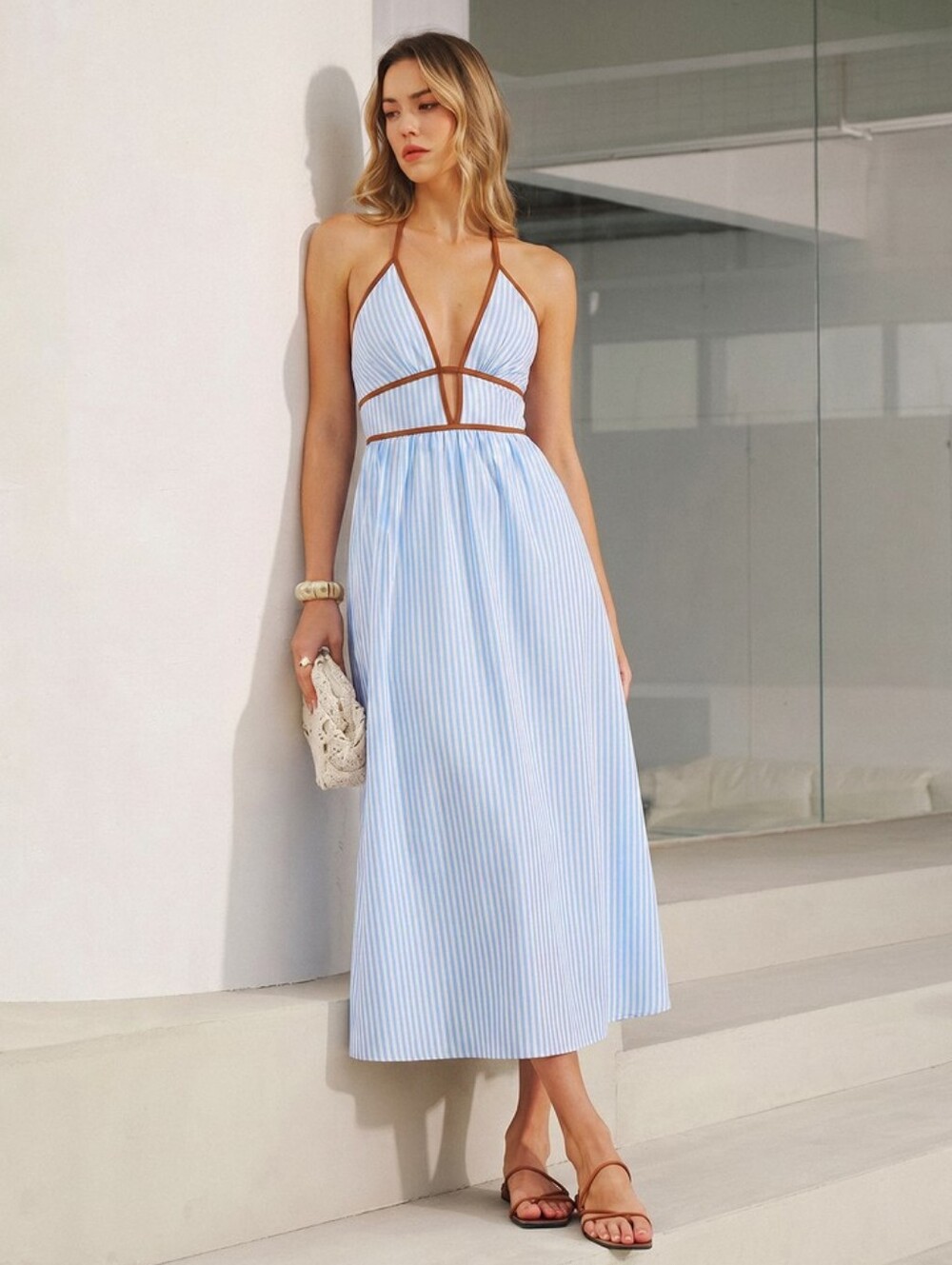 Commense Deep V Halter Midi Dress
